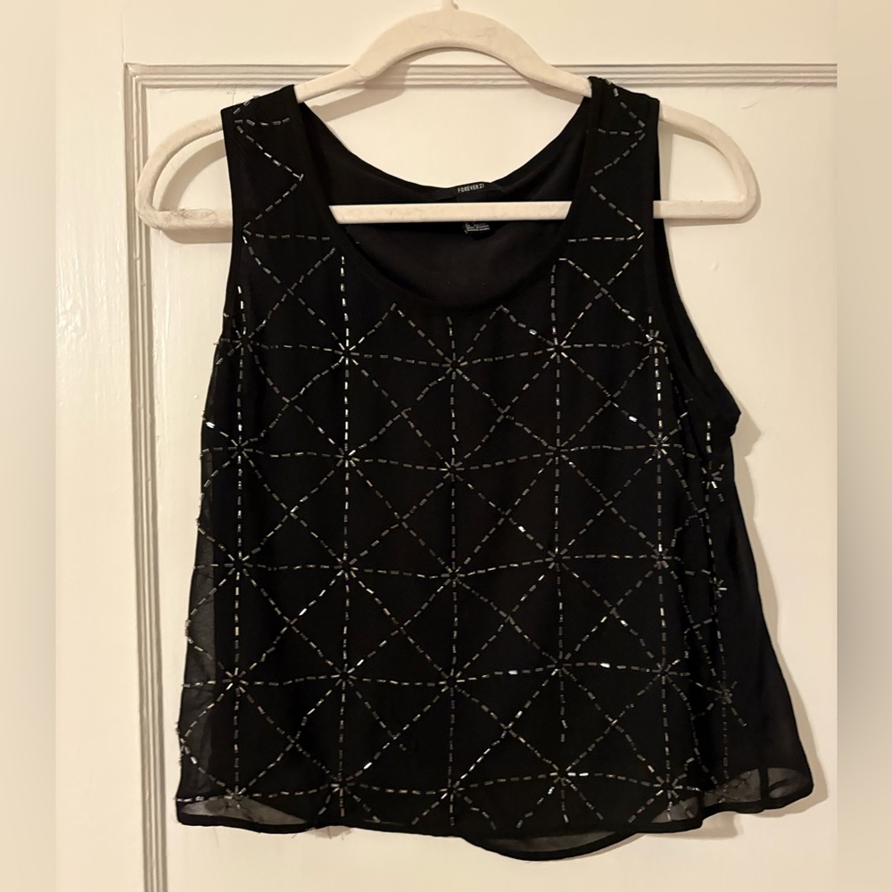 Forever 21 Black Tank Top Blouse with Silver Embellishment Design Size Small